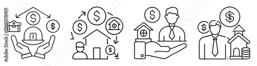 Illustrative depictions of real estate, investment, and financial services concepts