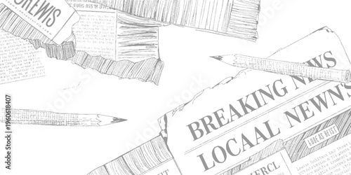 Hand drawn of torn newspaper pages with headlines and a pencil breaking
