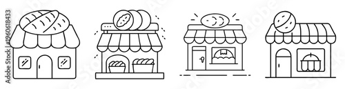 Four unique outline cartoon style bakery shop icons in a row