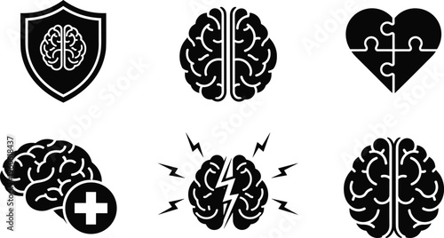 Mental health and psychology icons set featuring brain silhouettes with shield puzzle heart lightning bolt and medical cross symbols for wellness and neurology concepts.