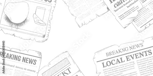 Sketchy newspaper pages with headlines and text in grayscale breaking local events