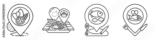 Diverse Food Locations represented by Map Pin Icons in Linear Style Design