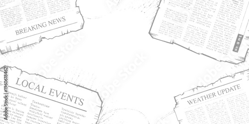 Four newspaper sections with headlines breaking news local events and weather update in grey ink on white paper