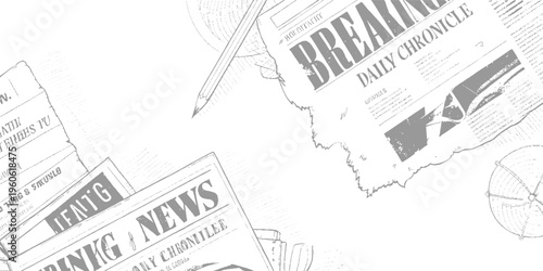 Torn grey newspapers with headlines and text scattered on a white background with a pencil and circular