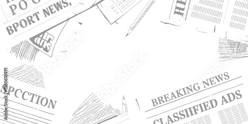 Grey newspaper clippings with text and pencil forming a collage background headline article print