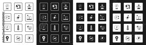 Set Electric saving plug in leaf, The problem of pollution, Eco shop, Location with, Plant recycling garbage, Earth melting to global warming, Solar energy panel and icon. Vector