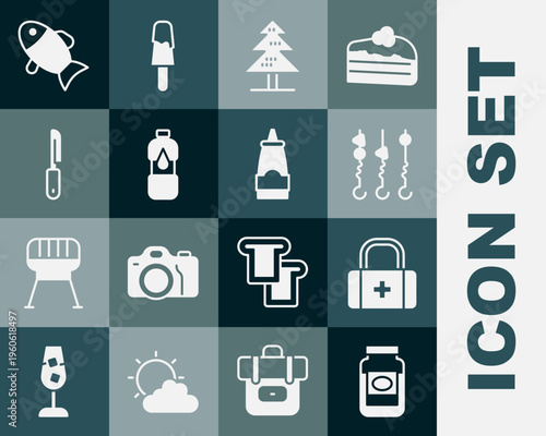 Set Jam jar, First aid kit, Grilled shish kebab on skewer, Tree, Bottle of water, Knife, Fish and Sauce bottle icon. Vector