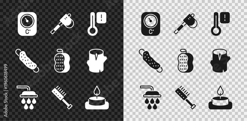 Set Sauna thermometer, Wooden axe, Shower, brush, Aroma candle, Washcloth and icon. Vector