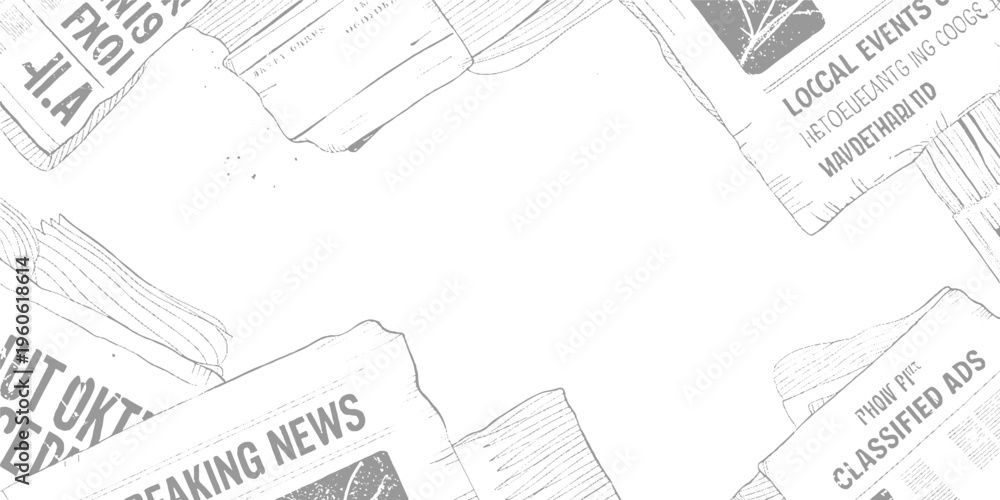 Obraz premium Scattered grey newspaper pages with headlines and text arranged around a white background print media