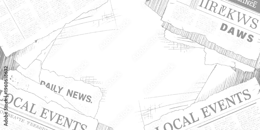 Obraz premium Torn newspaper pages with headlines l o c a l e v e n t s and d a i l y n e w s in grey