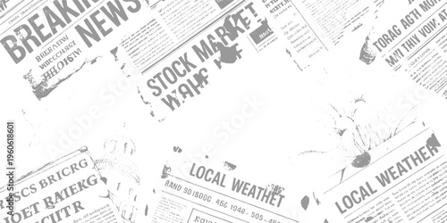 Overlapping grey newspaper clippings with headlines breaking news stock market local weather and text
