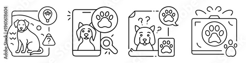Line art illustrations depicting lost dogs and related search concepts