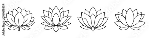 Four black and white lotus flower outlines in different blossom stages