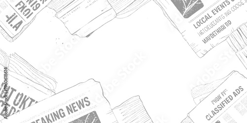 Scattered grey newspaper pages with headlines and text arranged around a white background print media