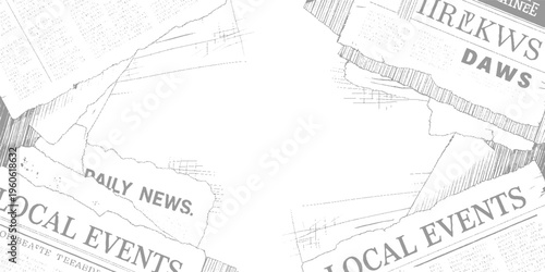 Torn newspaper pages with headlines l o c a l e v e n t s and d a i l y n e w s in grey