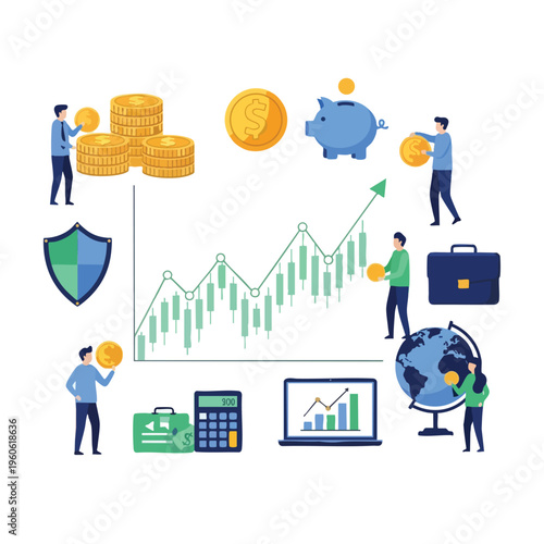 Financial growth and security concepts coins, charts, people, and a globe