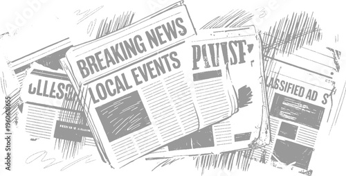 Hand drawn of newspapers with headlines breaking news local events and classified ads