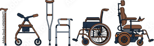 Mobility aids collection including cane, walker, crutches and wheelchairs in detailed vector illustration, healthcare equipment set isolated on white background for accessibility concept