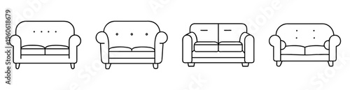 black and white line art image of various sofas and love seats