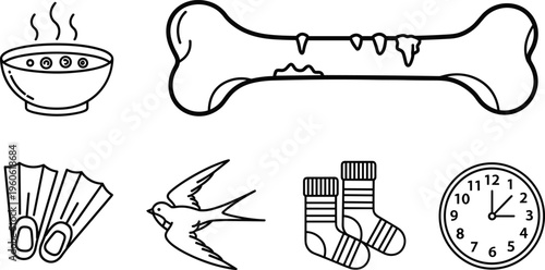 Miscellaneous line icon set featuring a bone bowl of soup flippers swallow bird socks and wall clock isolated on white background for various design projects.