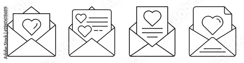 Four open envelopes with letters containing heart illustrations on a white background