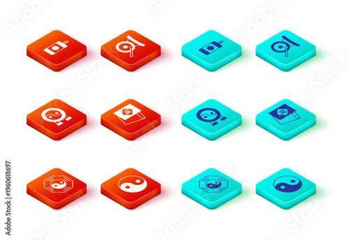 Set Yin Yang symbol, Chinese New Year, Gong musical instrument and Firework icon. Vector