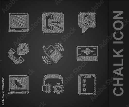 Set Mobile phone, Headphoneswith settings, Online quiz, test, survey, Stacks paper money cash, Telephone 24 hours support, Declined missed call, Paid and Laptop icon. Vector