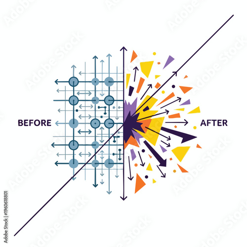 Orderly grid with arrows transforms into explosive, chaotic shapes and arrows