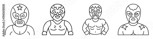 Four outline depictions of luchador wrestlers wearing masks and showing their physique