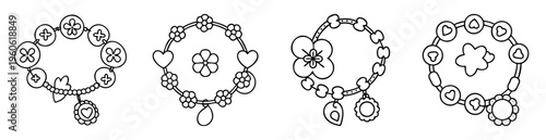 Collection of four simple doodle style bracelets with heart and flower charms