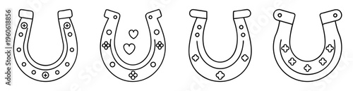 Four line art horseshoes with different good luck symbols, vector illustration