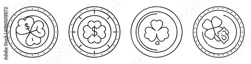 Four St Patrick's Day themed coins with shamrocks and dollar signs