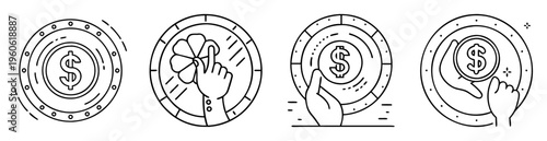 Dollar coin in various states of transfer and handling outlined icons