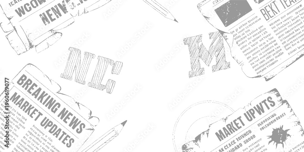 Obraz premium Sketchy newspaper clippings with headlines like breaking news market updates and market upwts with pencils
