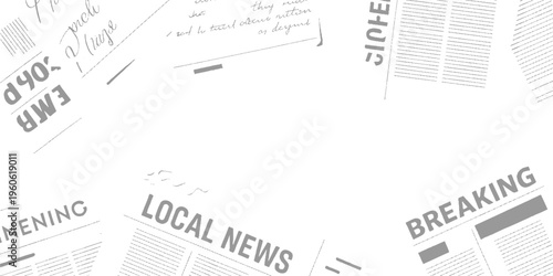Scattered newspaper headlines and handwritten text in grayscale on a white background writing
