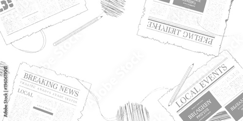Scattered newspapers with headlines breaking news and local events alongside pencils and scribbled lines on a white background