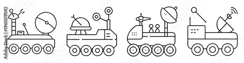 Various futuristic rover vehicles with different antenna and technology icons