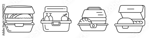Outlined illustration of four lunch boxes, depicting various food and drink items