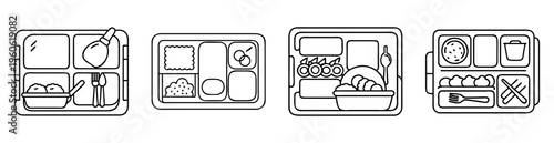 Diverse set of meal tray designs with various food arrangements illustration