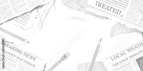 Torn newspaper pages with text and pencil of writing tools