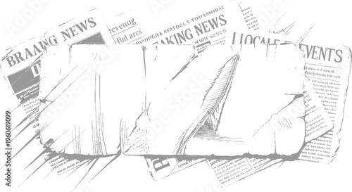 Scattered grey newspapers with torn edges and visible headlines and text print