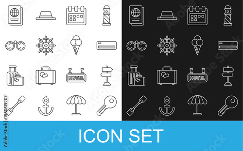 Set line Key, Road traffic sign, Air conditioner, Calendar, Ship steering wheel, Binoculars, Passport and Ice cream waffle cone icon. Vector
