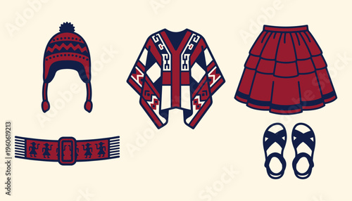 Traditional ethnic clothing set illustration with poncho and hat