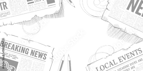 Torn grey newspapers with breaking news and local events headlines and pencils