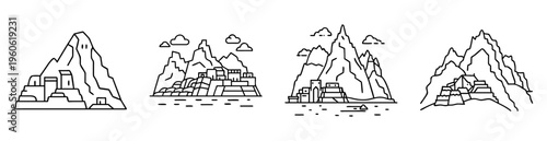 stylized line drawings of various mountain range scenes with building elements