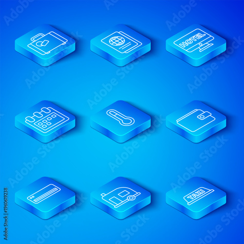 Set line Air conditioner, Meteorology thermometer, Rv Camping trailer, Wallet, Online hotel booking, Calendar, Suitcase and Taxi car roof icon. Vector