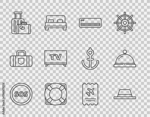 Set line Location with SOS, Man hat ribbon, Air conditioner, Lifebuoy, Suitcase, Smart Tv, Airline ticket and Hotel service bell icon. Vector
