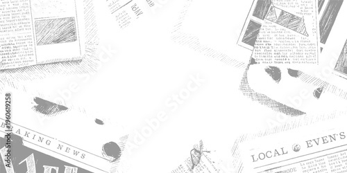 Scattered newspaper clippings with text and abstract shapes in grayscale
