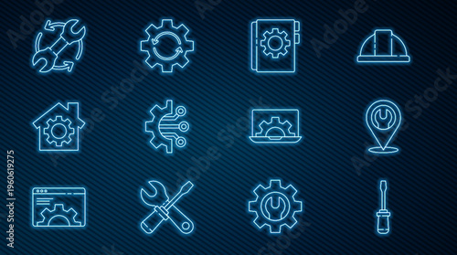 Set line Screwdriver, Location with wrench spanner, User manual, Algorithm, House gear, Wrench and arrows as workflow, Laptop and Gear icon. Vector