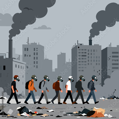 People in Gas Masks Walking in Polluted City with Factory Smoke